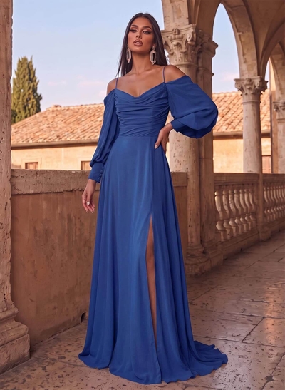 A-Line Chiffon Long Sleeves Evening Dresses With Split Front