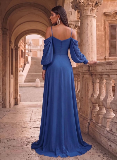 A-Line Chiffon Long Sleeves Evening Dresses With Split Front