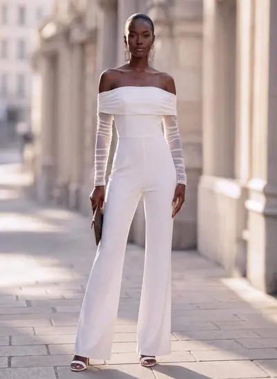 Classic Off-The-Shoulder Long Sleeves Jumpsuit/Pantsuit Wedding Dresses