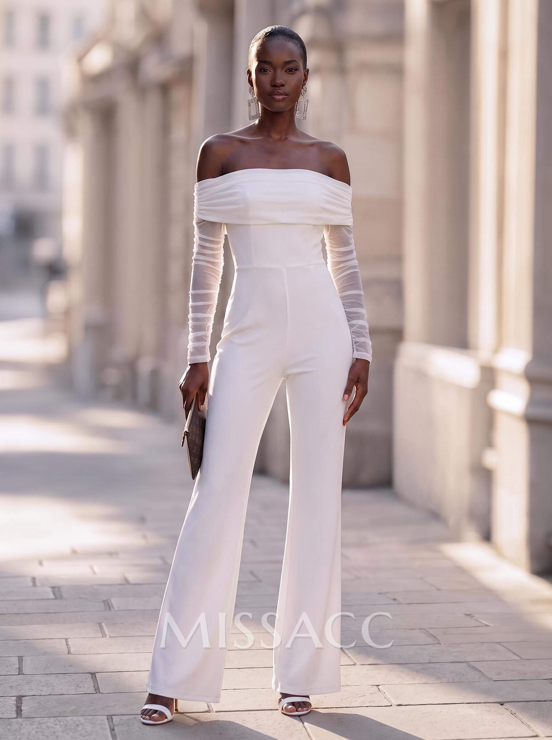 Classic Off-The-Shoulder Long Sleeves Jumpsuit/Pantsuit Classic Off-The-Shoulder Long Sleeves Jumpsuit/Pantsuit