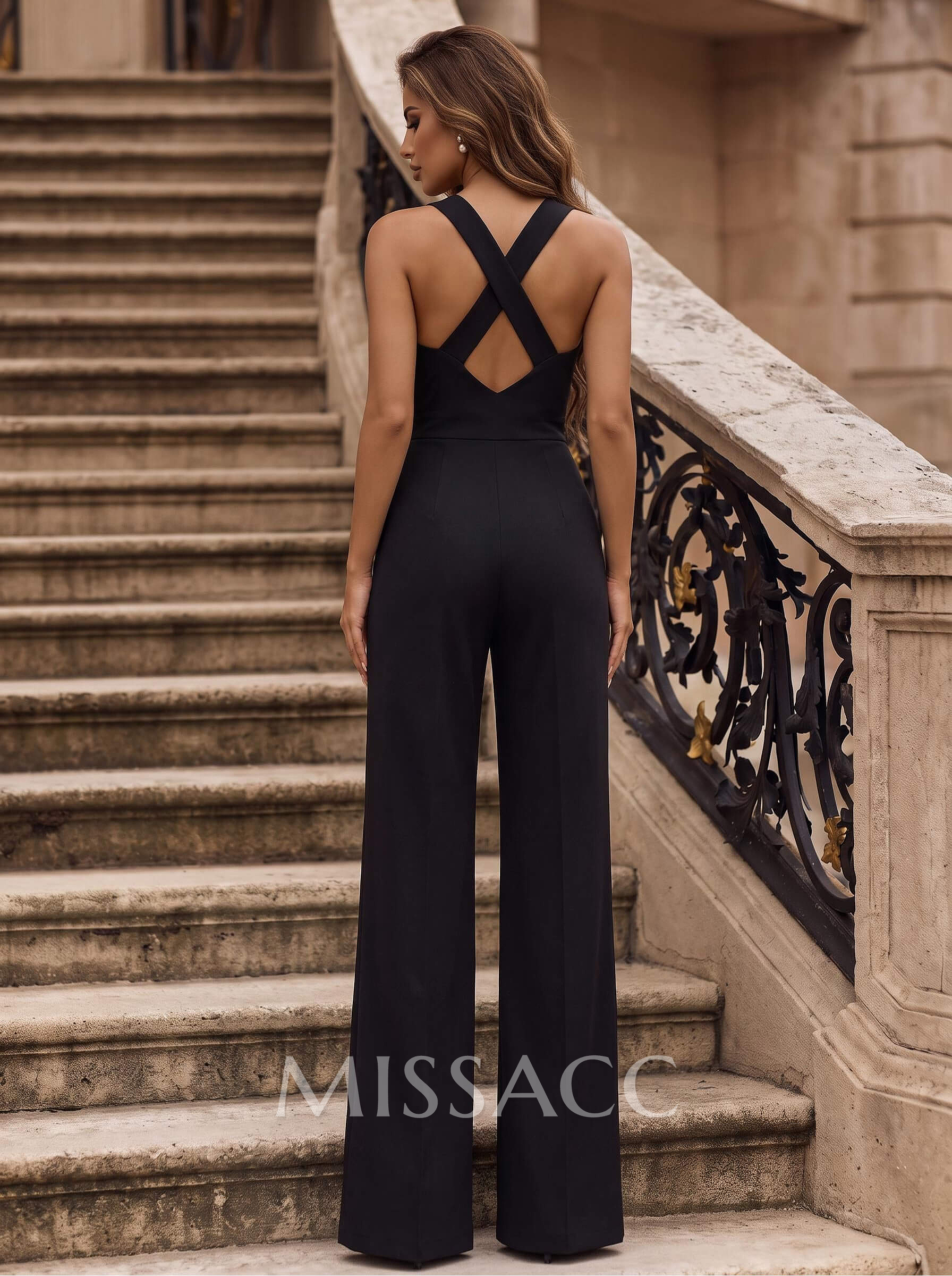 Classic Black Square Neckline Open Back Jumpsuit/Pantsuit With Elastic Satin