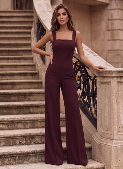 Classic Black Square Neckline Open Back Jumpsuit/Pantsuit With Elastic Satin