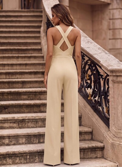 Classic Black Square Neckline Open Back Jumpsuit/Pantsuit With Elastic Satin