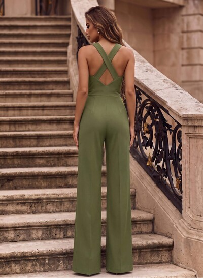 Classic Black Square Neckline Open Back Jumpsuit/Pantsuit With Elastic Satin