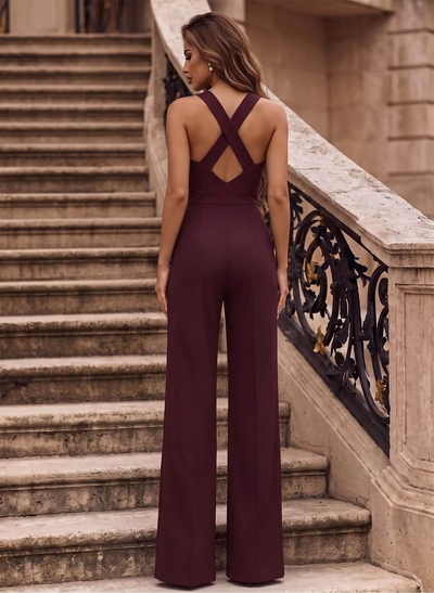 Classic Black Square Neckline Open Back Jumpsuit/Pantsuit With Elastic Satin