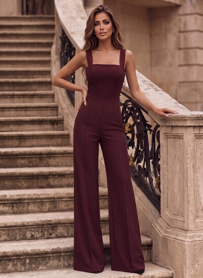 Classic Black Square Neckline Open Back Jumpsuit/Pantsuit With Elastic Satin