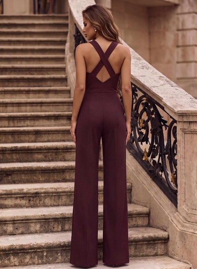 Classic Black Square Neckline Open Back Jumpsuit/Pantsuit With Elastic Satin