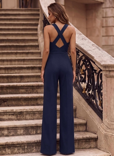 Classic Black Square Neckline Open Back Jumpsuit/Pantsuit With Elastic Satin