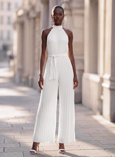 Jumpsuit/Pantsuit High Neck Chiffon Pleated Evening Dresses