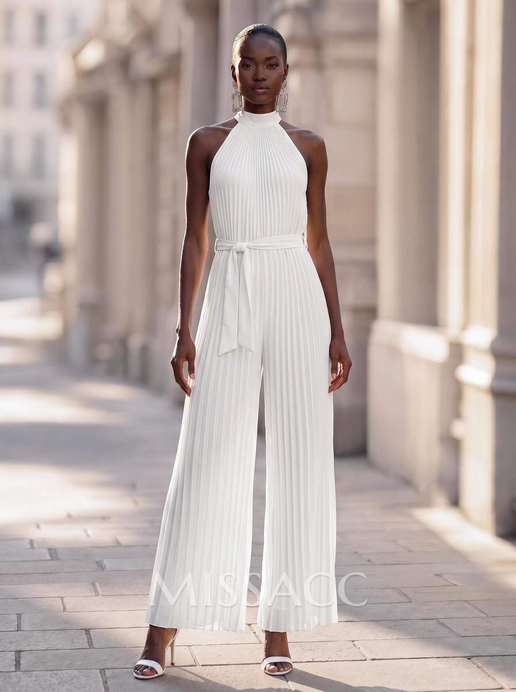 Jumpsuit/Pantsuit High Neck Chiffon Pleated Evening Dresses