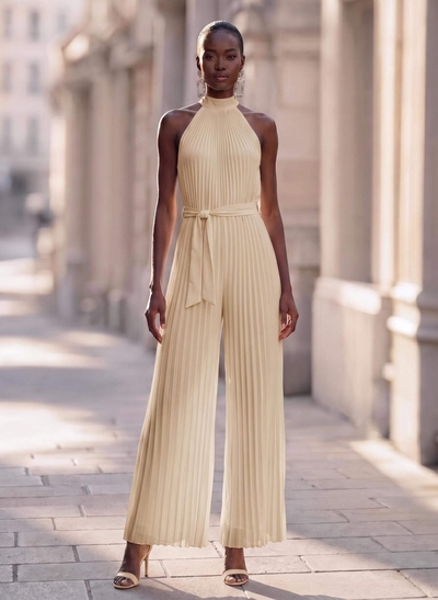 Jumpsuit/Pantsuit High Neck Chiffon Pleated Evening Dresses