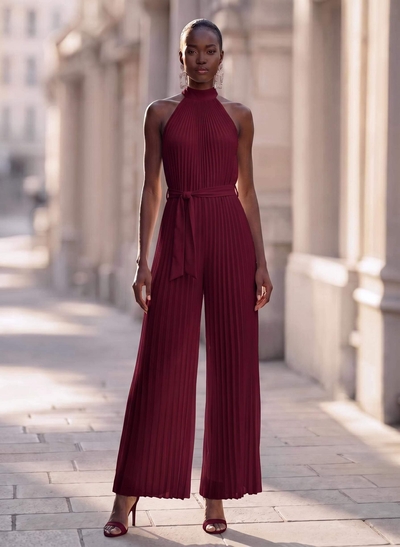 Jumpsuit/Pantsuit High Neck Chiffon Pleated Evening Dresses