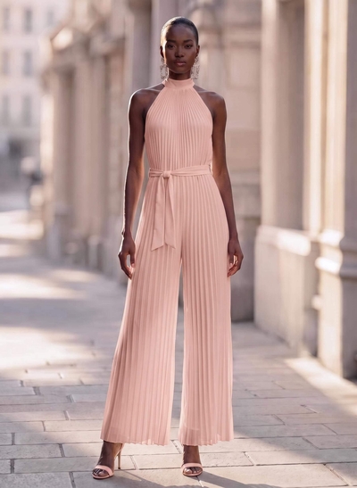 Jumpsuit/Pantsuit High Neck Chiffon Pleated Evening Dresses