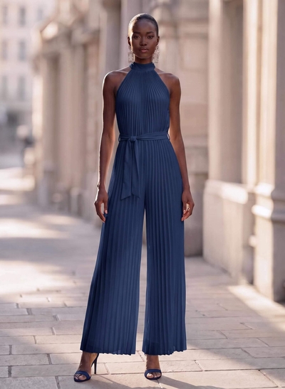 Jumpsuit/Pantsuit High Neck Chiffon Pleated Evening Dresses