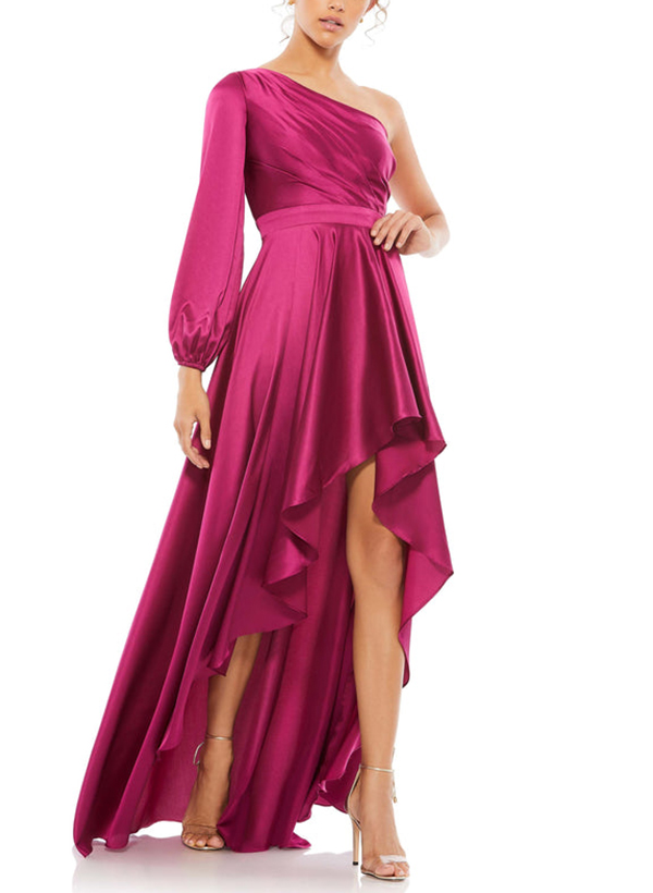 A-Line One-Shoulder Long Sleeves Asymmetrical Satin Evening Dresses