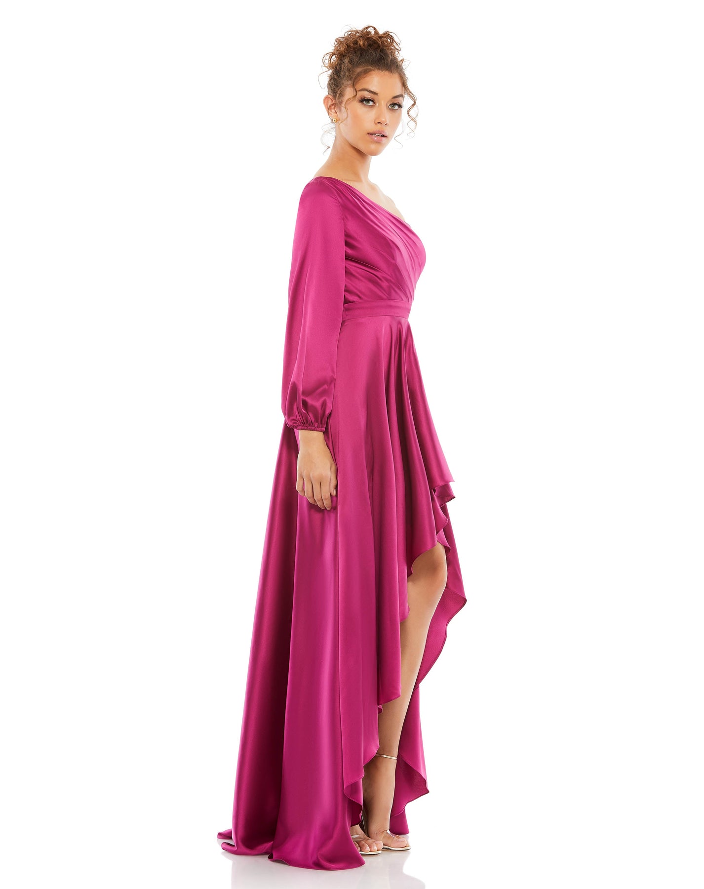 A-Line One-Shoulder Long Sleeves Asymmetrical Satin Evening Dresses