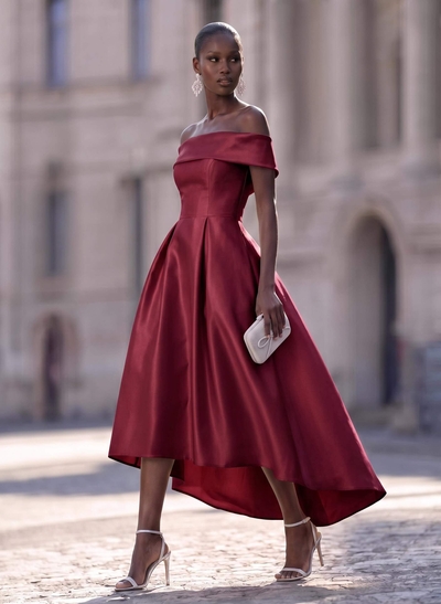 Simple Satin Off-The-Shoulder Pockets Evening Dresses