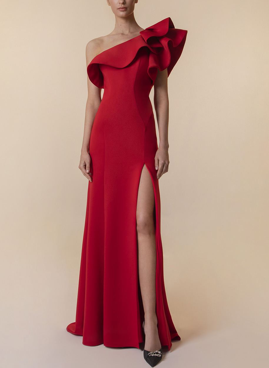 Simple Red One-Shoulder Slit Evening Dresses