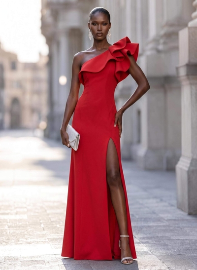Simple Red One-Shoulder Slit Evening Dresses