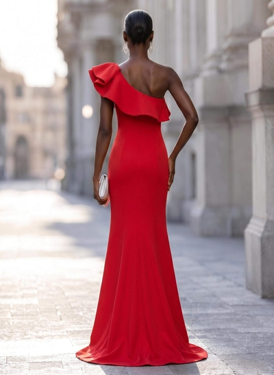 Simple Red One-Shoulder Slit Evening Dresses