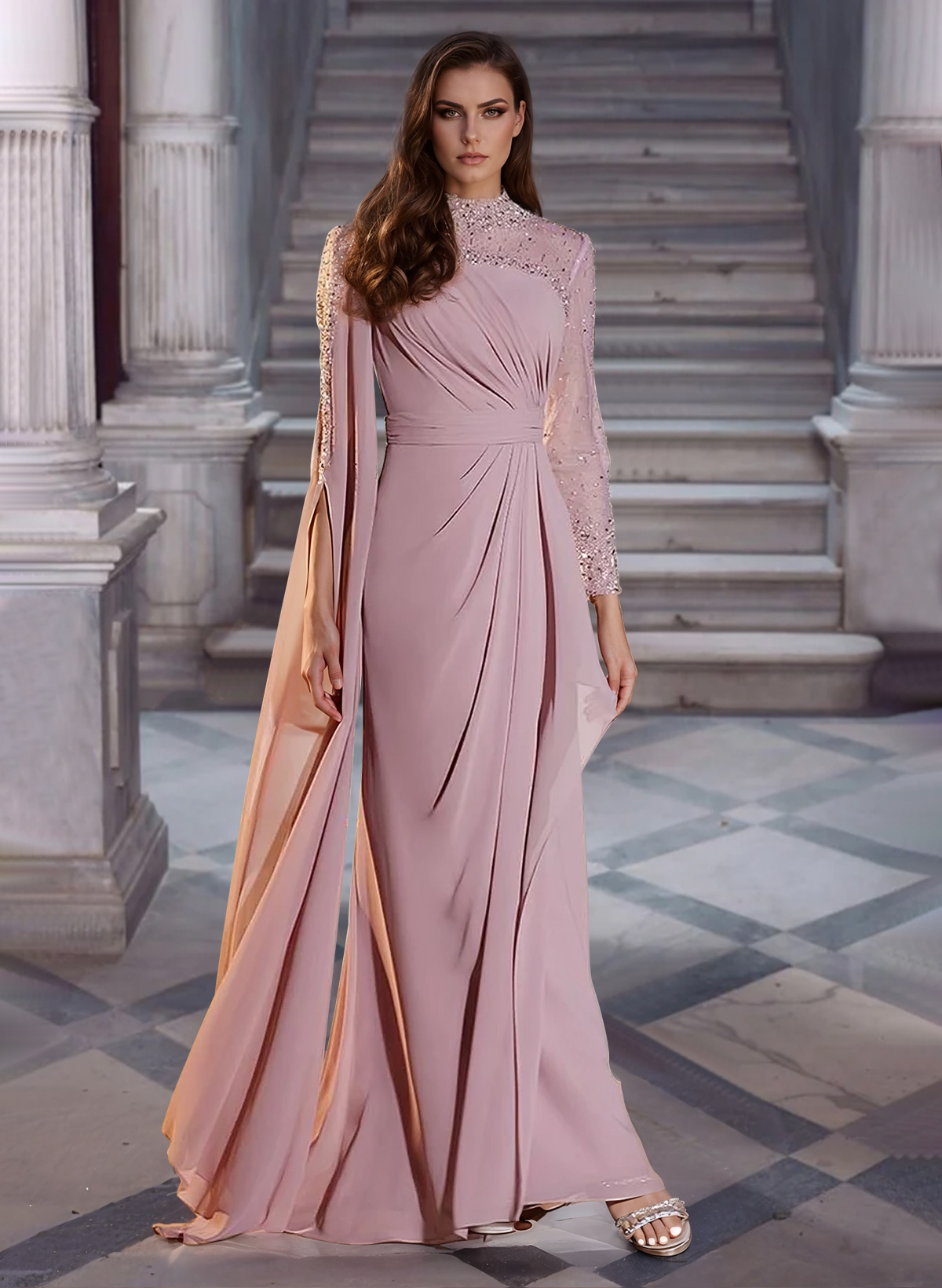 Flowing Coffee Strapless Sleeveless Chiffon Evening Dresses A-Line Long With Pleats