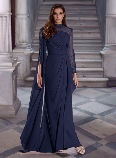 Sparkly Long Sleeves Column Chiffon Evening Dresses With Beading