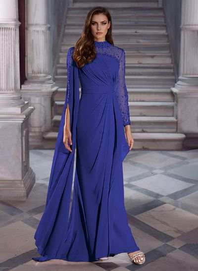 Sparkly Long Sleeves Column Chiffon Evening Dresses With Beading