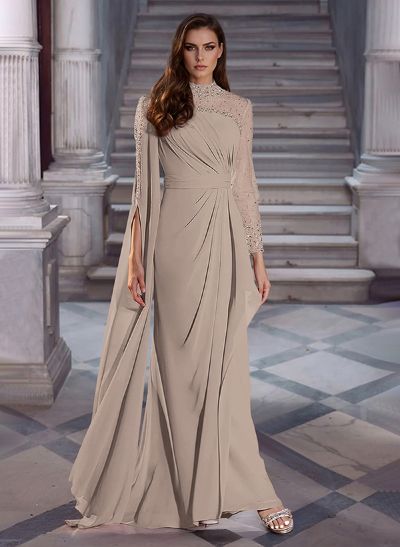 Sparkly Long Sleeves Column Chiffon Evening Dresses With Beading