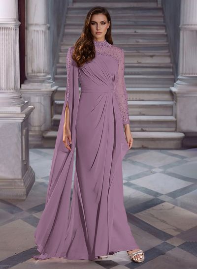Sparkly Long Sleeves Column Chiffon Evening Dresses With Beading