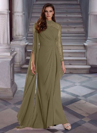 Sparkly Long Sleeves Column Chiffon Evening Dresses With Beading