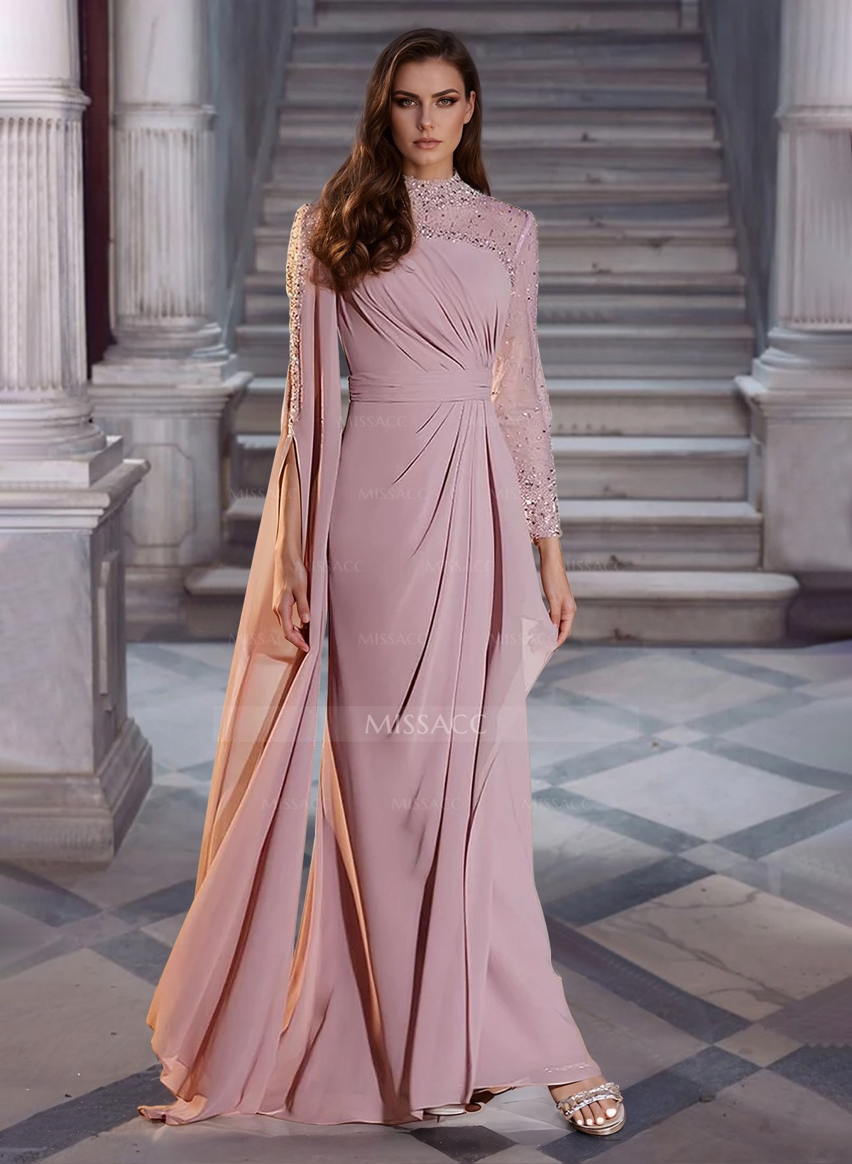 Sparkly Long Sleeves Column Chiffon Evening Dresses With Beading