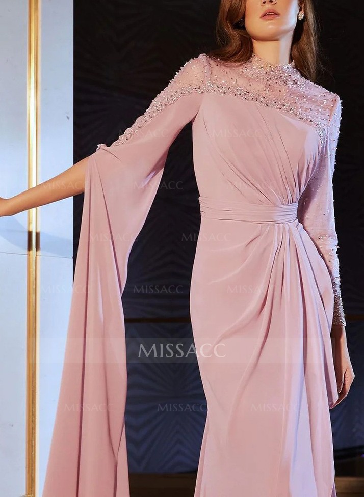 Sparkly Long Sleeves Column Chiffon Evening Dresses With Beading