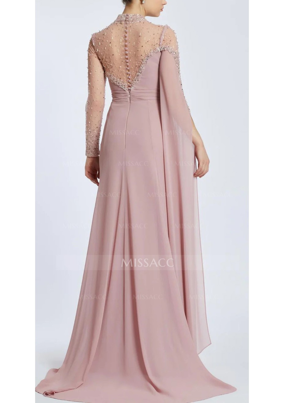 Sparkly Long Sleeves Column Chiffon Evening Dresses With Beading