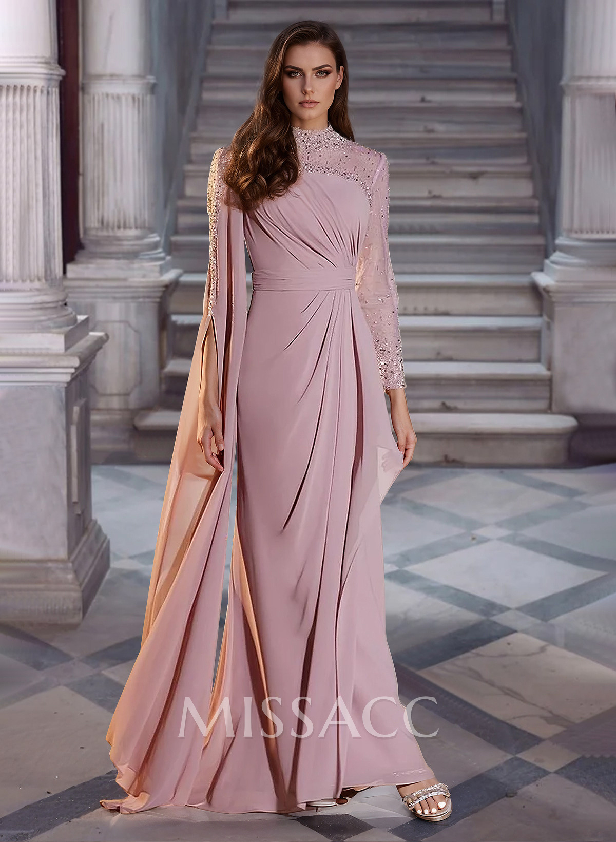 Sparkly Long Sleeves Column Chiffon Evening Dresses With Beading Sparkly Long Sleeves Column Chiffon Evening Dresses With Beading