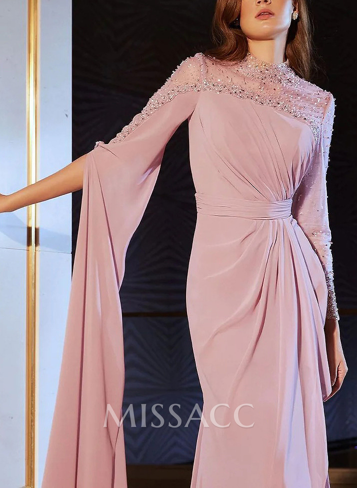 Sparkly Long Sleeves Column Chiffon Evening Dresses With Beading Sparkly Long Sleeves Column Chiffon Evening Dresses With Beading