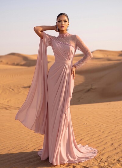 Sparkly Long Sleeve Chiffon Column Formal Dresses With Beading