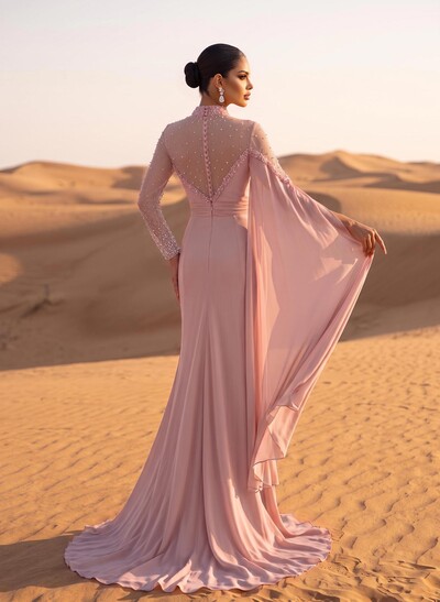 Sparkly Long Sleeve Chiffon Column Formal Dresses With Beading