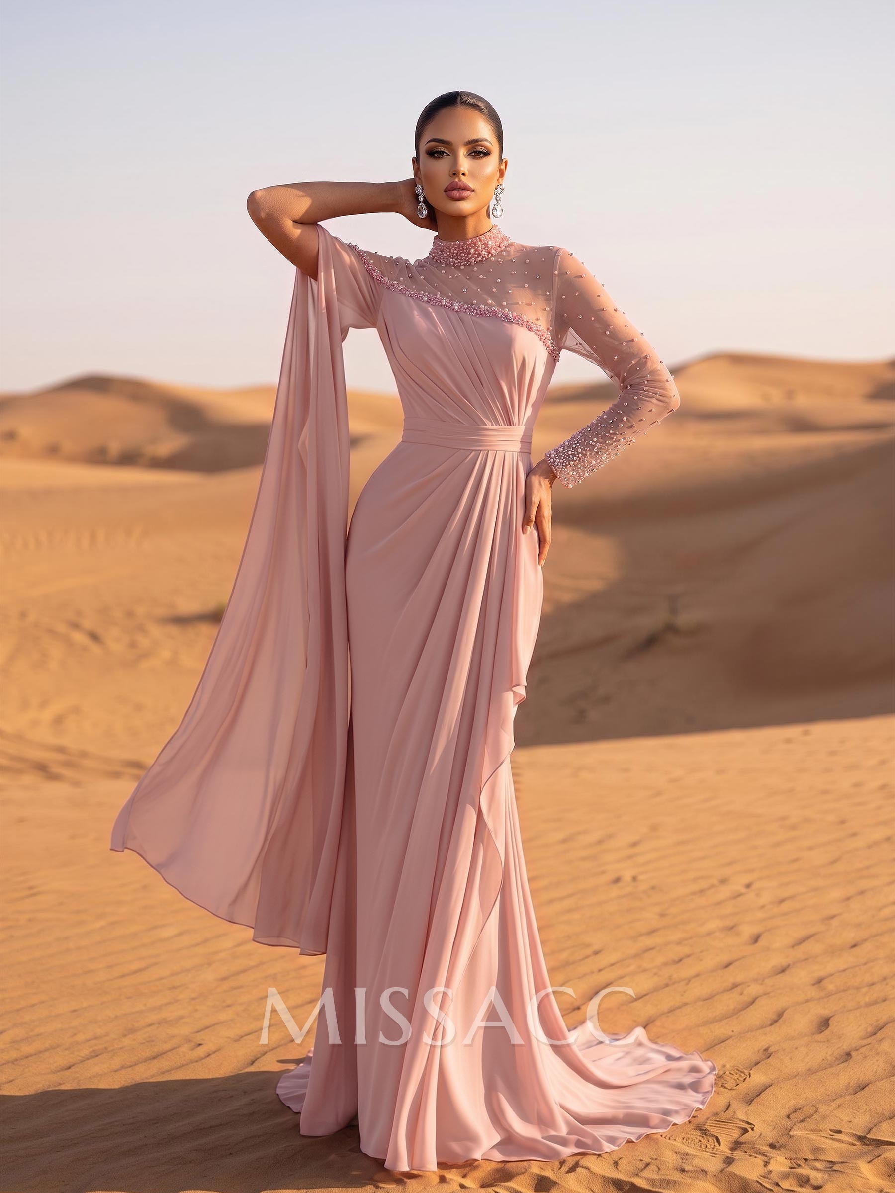 Sparkly Long Sleeves Column Chiffon Evening Dresses With Beading Sparkly Long Sleeves Column Chiffon Evening Dresses With Beading