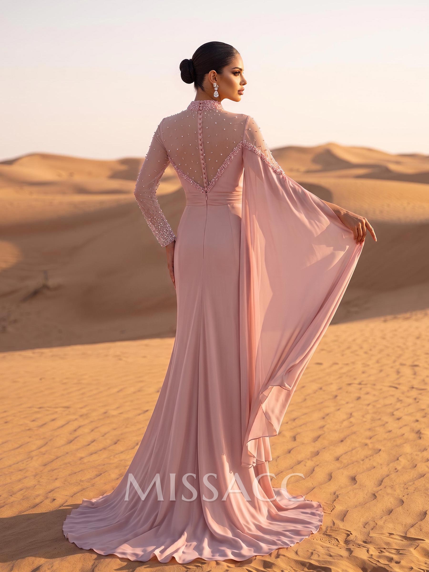 Sparkly Long Sleeves Column Chiffon Evening Dresses With Beading Sparkly Long Sleeves Column Chiffon Evening Dresses With Beading