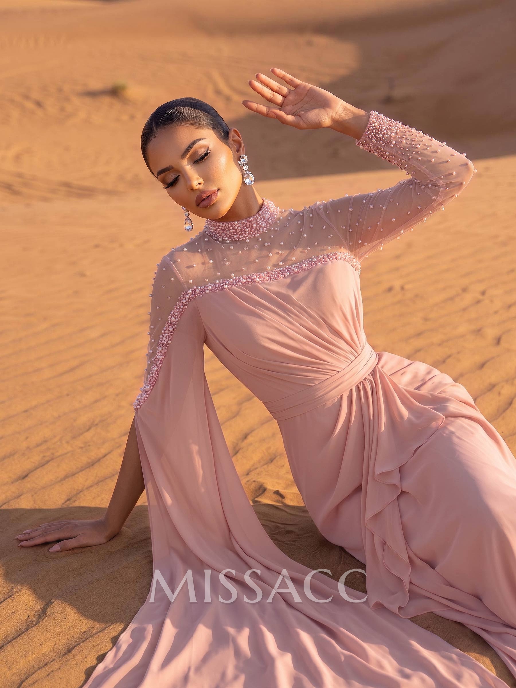 Sparkly Long Sleeves Column Chiffon Evening Dresses With Beading Sparkly Long Sleeves Column Chiffon Evening Dresses With Beading