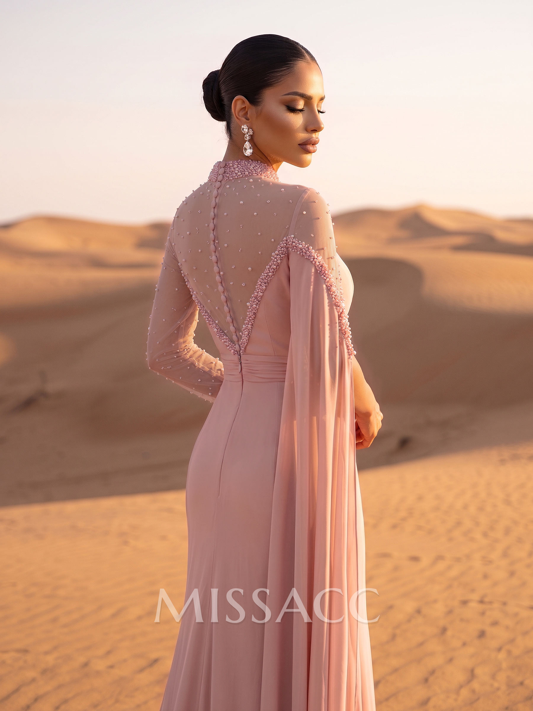 Sparkly Long Sleeves Column Chiffon Evening Dresses With Beading Sparkly Long Sleeves Column Chiffon Evening Dresses With Beading