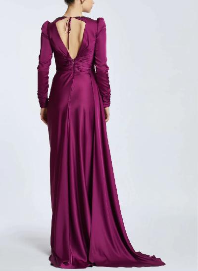 Elegant Satin Sheath/Column Slit Long Sleeves Evening Dresses With Back Hole