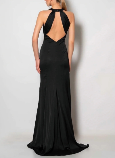 Black Cowl Neck Slit Simple Evening Dresses With Back Hole
