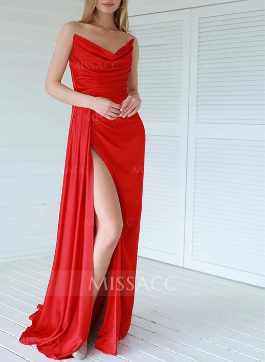 Boat Neck Strapless Slit Red Evening Dresses