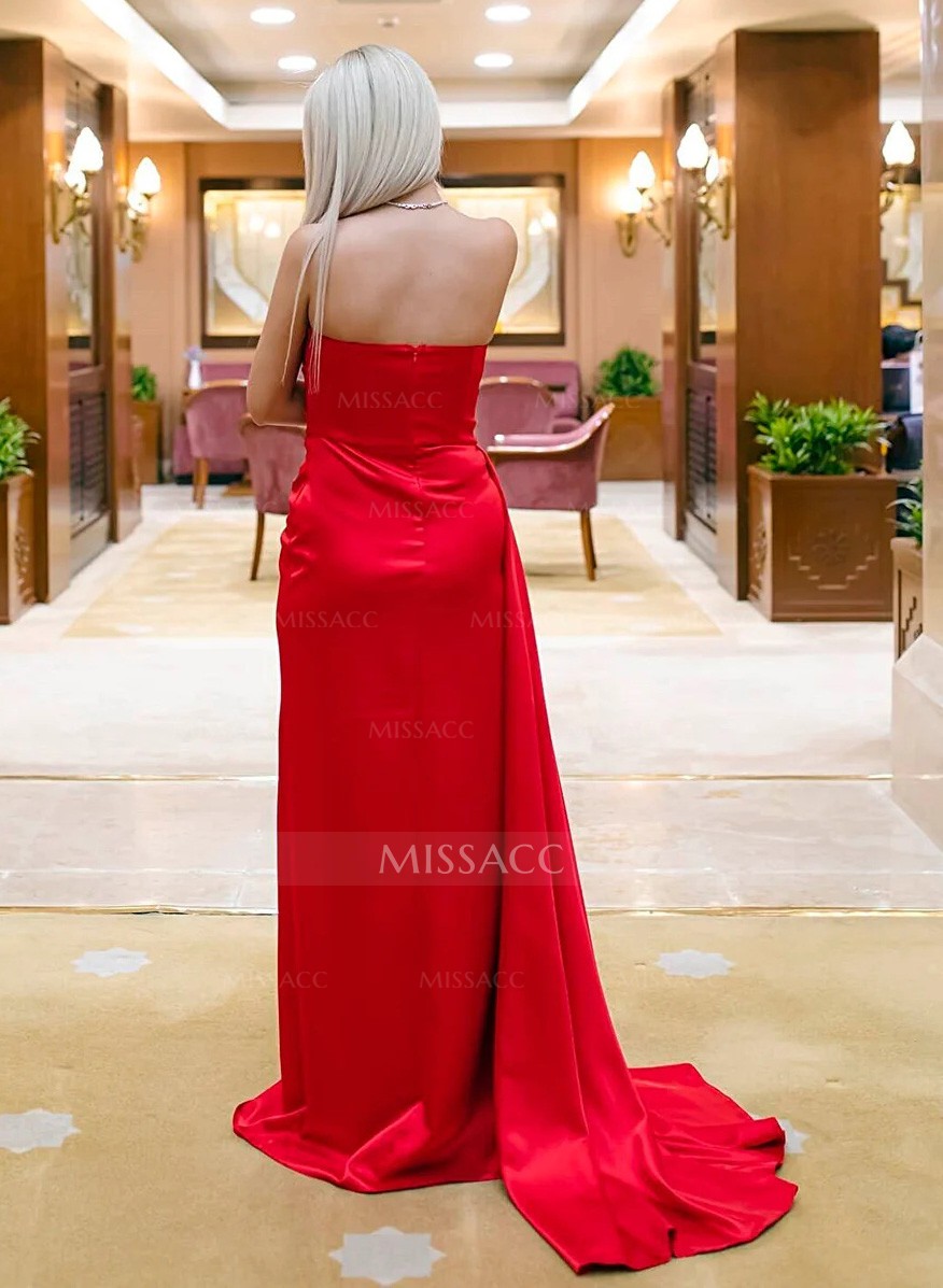 Boat Neck Strapless Slit Red Evening Dresses