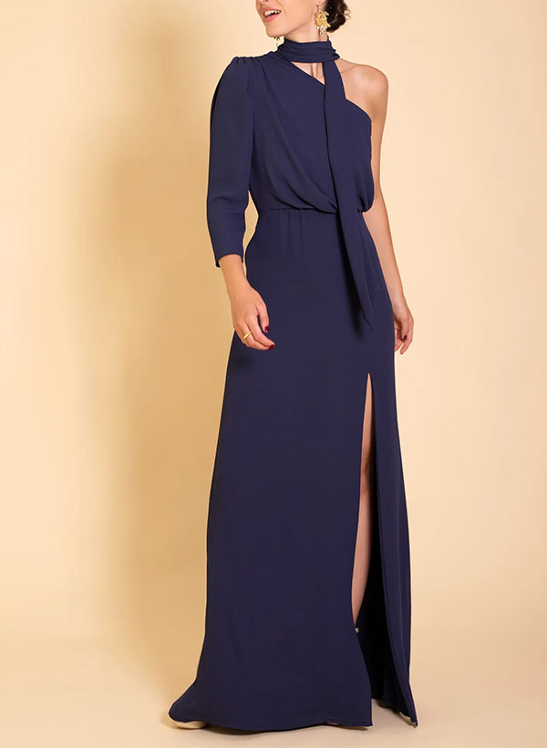 A-Line One-Shoulder 3/4 Sleeves Floor-Length Evening Dresses With Split Front