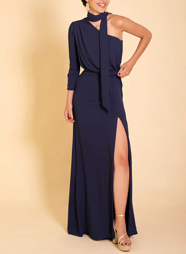 A-Line One-Shoulder 3/4 Sleeves Floor-Length Evening Dresses With Split Front