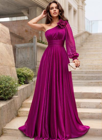 A-Line One-Shoulder Long Sleeves Sweep Train Evening Dresses