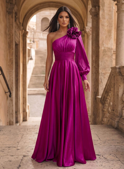 A-Line One-Shoulder Long Sleeves Sweep Train Evening Dresses