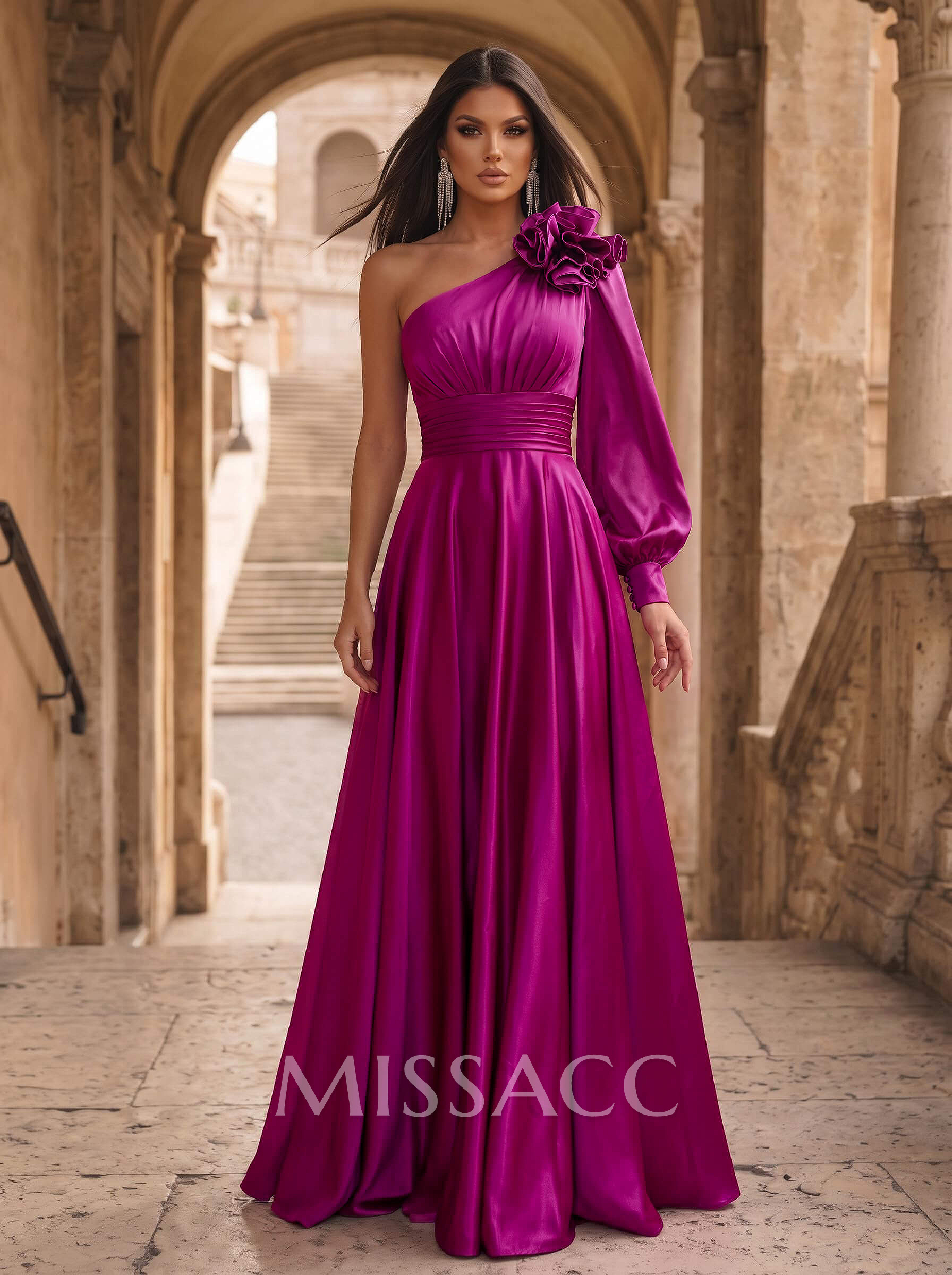 A-Line One-Shoulder Long Sleeves Sweep Train Evening Dresses A-Line One-Shoulder Long Sleeves Sweep Train Evening Dresses